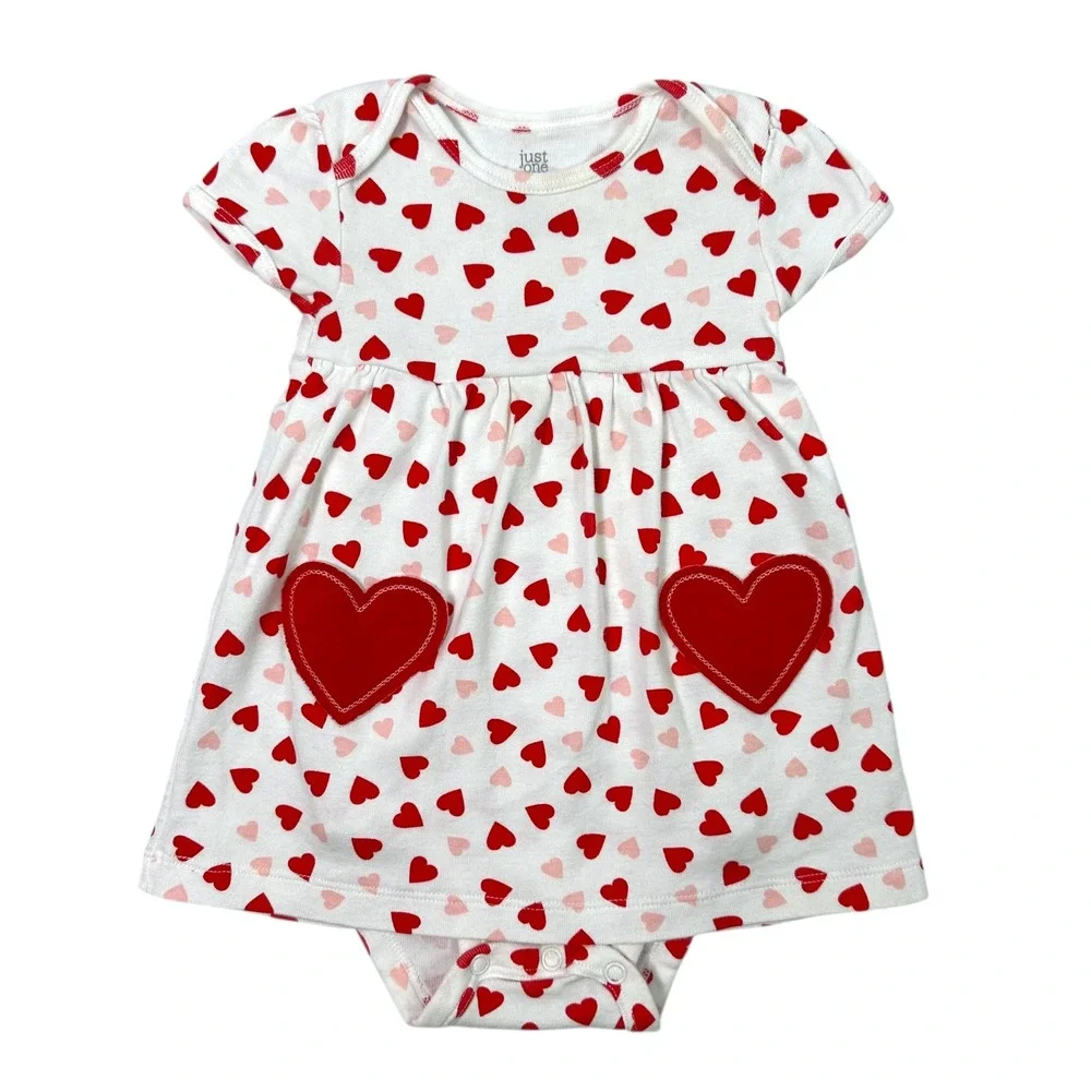 Carter's Bodysuit Dress Baby Girl 12M White Red Heart Valentines Print Sweet